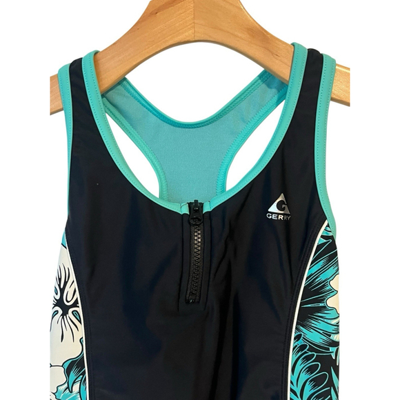 Gerry Girls One Piece Swimsuit Size 16 Black Teal Racerback - Picture 2 of 11